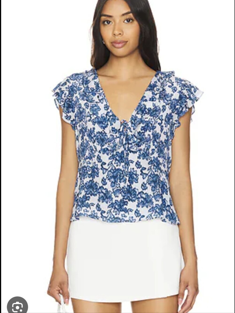 Rails Carmine Short Sleeve Ruffle Blouse Chambray Blue Floral Size Medium